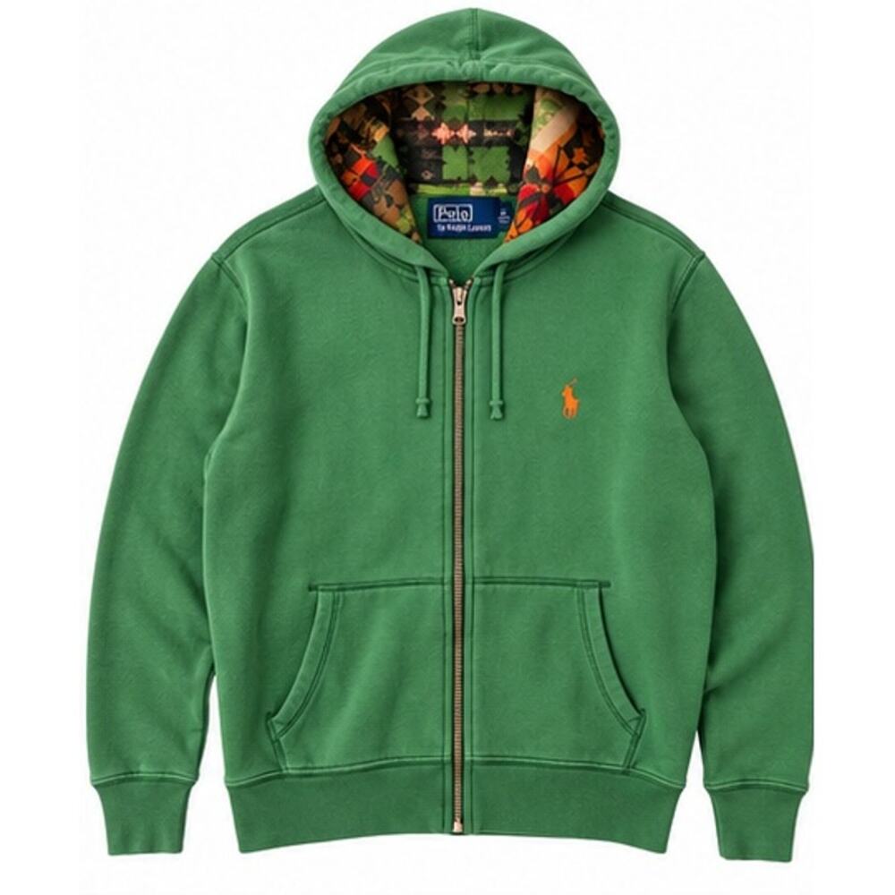 Polo Ralph Lauren Green Full Zip Hoodie Medium Orange Pony Patterned Hood